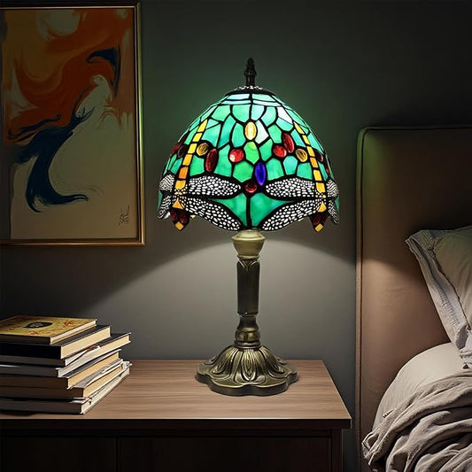 Tiffany Style Lamp,Dragonfly Stained Glass Table Lamp,8" Antique Bedside Night Light with Included LED Bulb,Warm White Light for Bedroom/Office Decor,Art Vintage Lamp Gift