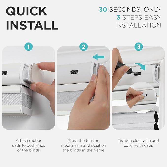 Joydeco No Tools No Drill Blinds for Indoor Windows, Cordless Window Blinds Cellular Shades Top Down Bottom Up Blackout Honeycomb Blinds Thermal Insulated Noise Reduction (White, Custom Size)