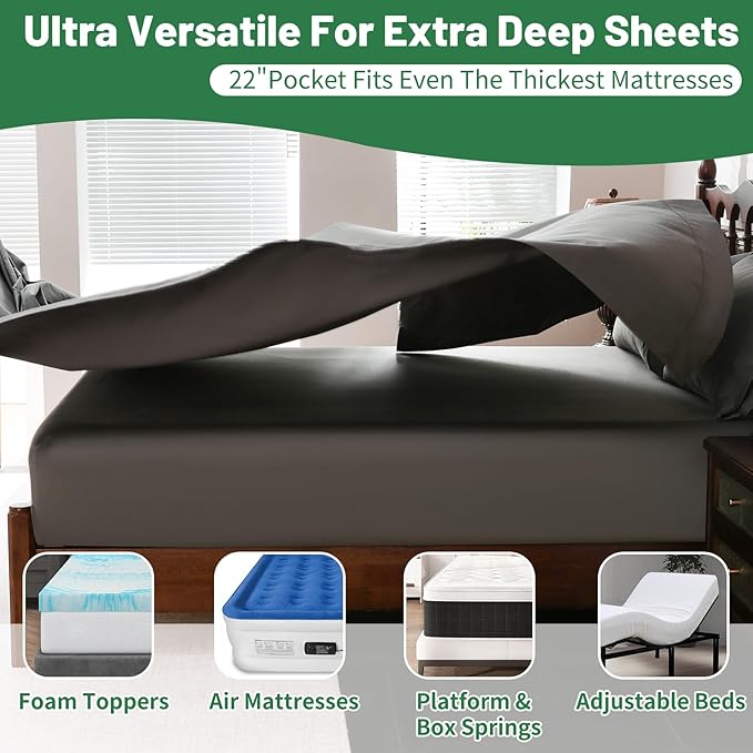 Extra Deep Pocket Queen Sheets 18-24 Inch 100% Egyptian Cotton 1000 Thread Count Sateen Weave Soft Breathable 4 Pieces（Queen,Dark Grey）