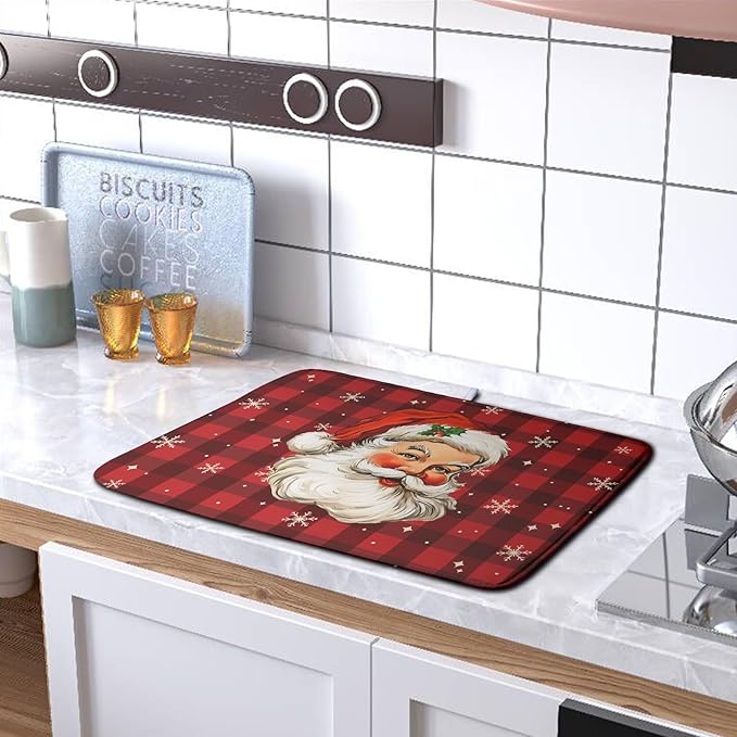 Santa Claus Christmas Dish Drying Mat Xmas Red and Black Buffalo Plaid Snowflake Drying Mats Winter Holiday Dishes Drying Pad Microfiber Absorbent Dish Drainer Rack Mat 18x24 Inch