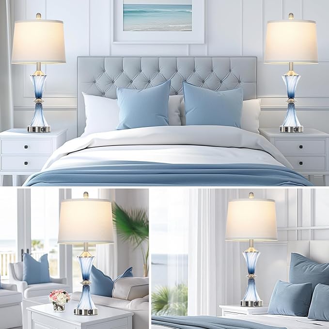 Blue Glass Table Lamp Set of 2 with USB C+A Ports & AC Outlet, Bedside Lamp, Modern Bedroom Lamps, Coastal Lamp for Night Stands Bedroom Living Room,Nightstand Lamp LED Bulbs Included