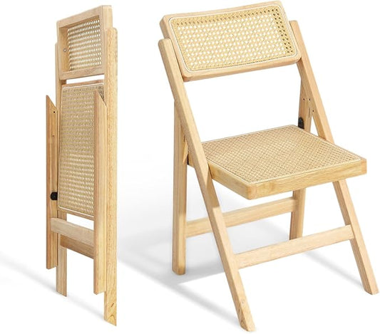 VINGLI 2 Pack Rattan Wooden Folding Chair, Dining Folding Chair with 360° Swivel Backrest, Sturdy Rubberwood Frame and Rattan Woven Seat and Back, Natural Color, Set of 2