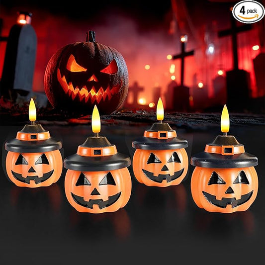 Homemory Real Wax Pumpkin Candles, 4 Pcs Flickering Flameless Candles with 6hrs Timer, LED Halloween Pumpkin Lamp, Battery Operated Lights for Home Halloween Decor, Theme Party, Orange
