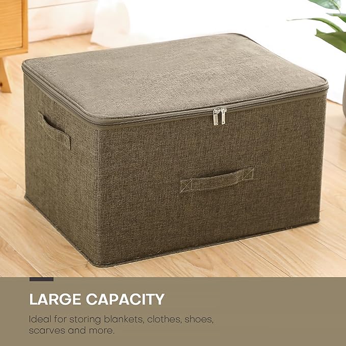 ANMINY Storage Bins with Zipper Lids 51.9 Qt Lidded Fabric Storage Boxes Baskets Cubes with Handles Collapsible Washable Cotton Linen Closet Shelf Clothes Organizer - Extra Large, Coffee