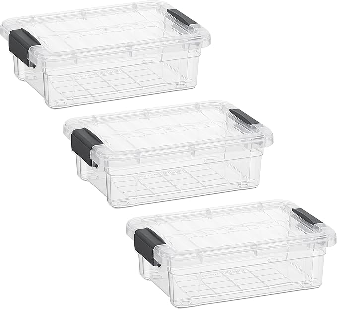 Superio Clear Storage Boxes with Lids, 1.27 Quart Plastic Container Bins for Organizing, Stackable Crates, BPA Free, Non Toxic, Odor Free, Organizers for Home, Office and Dorm, 3 Pack