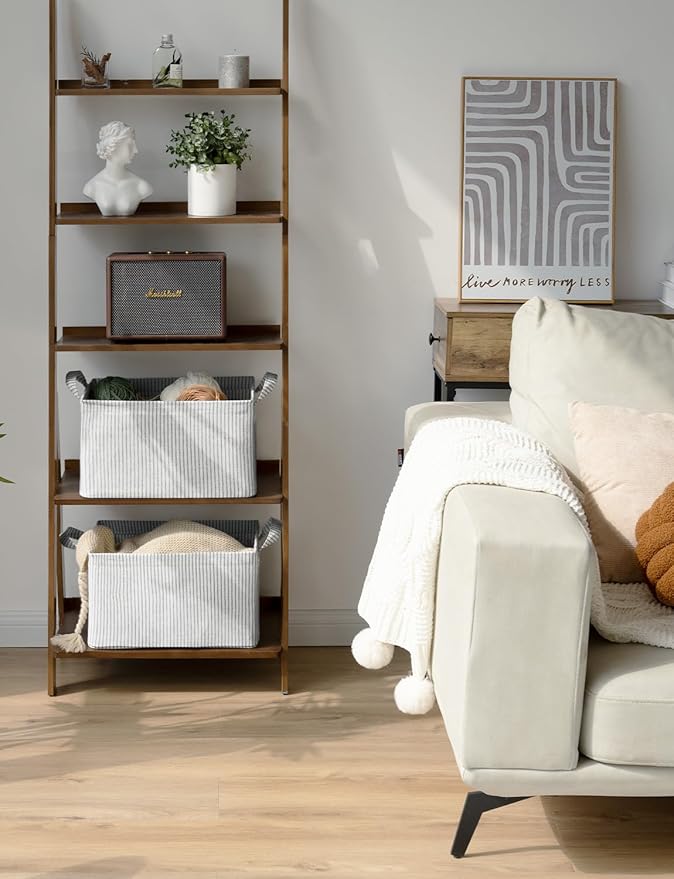 StorageWorks Storage Bins, Fabric Storage Bins for Shelves, Storage Baskets with Metal Frame, Closet Baskets and Bins with Handles, Khaki and Beige Stripes, 2-Pack