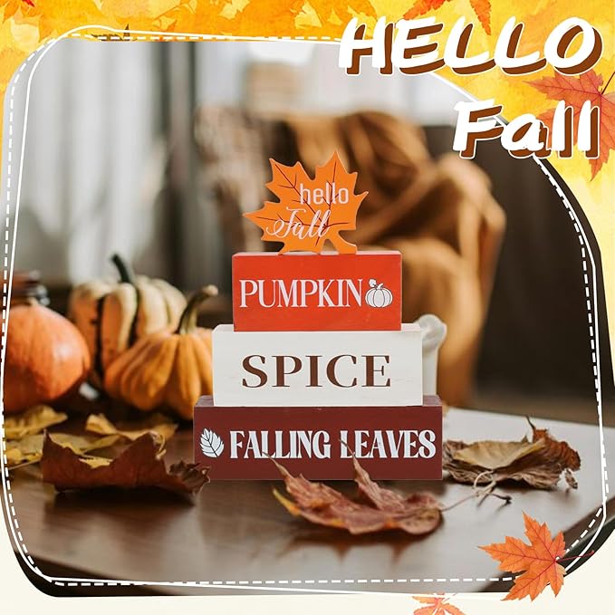 4 Pcs Fall Decor Wooden Table Centerpieces Fall Maple Leaf Block Sign Decorations for Home Wooden Tiered Tray Decor for Tabletop Decor Autumn Harvest Party Home Kitchen