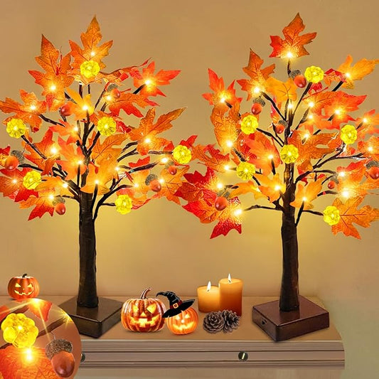 2 Pack 24 Inch Prelit Fall Maple Tree Thanksgiving Decorations, 48LEDs Timer Acorn Pumpkin Lights Fall Decorations for Home Battery Operated Wedding Party Table Autumn Harvest Halloween Fall Decor
