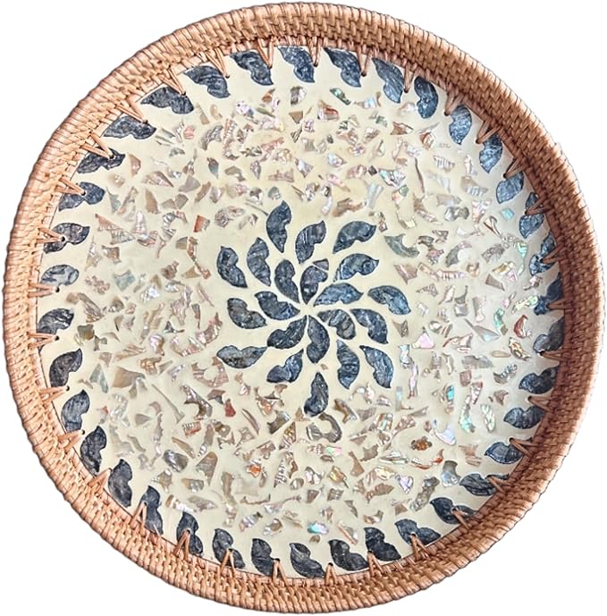 14" Large Rattan Serving Tray with Mother of Pearl, Round Coffee Table Tray Decor, Boho Decorative Hand-Woven Wicker Home Decor (Lucky Flower)