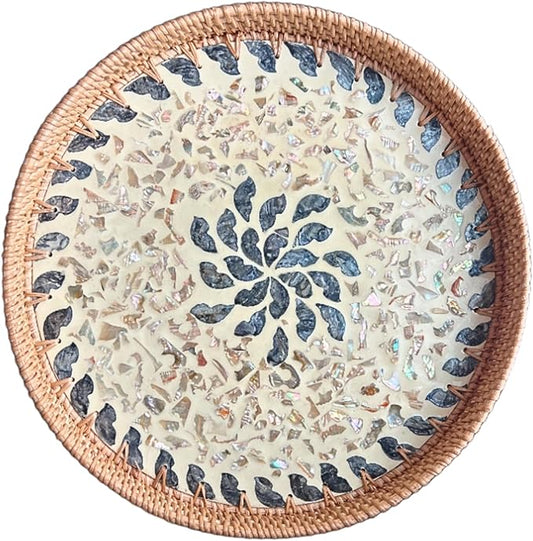 14" Large Rattan Serving Tray with Mother of Pearl, Round Coffee Table Tray Decor, Boho Decorative Hand-Woven Wicker Home Decor (Lucky Flower)