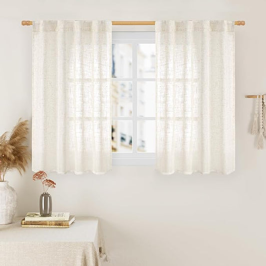 LAMIT Cream Linen Curtains 40 Inch for Small Window, Light Filtering Neutral Semi Sheer Window Boho Curtains Back Tab and Rod Pocket Panels for Kitchen/Living Room, 2 Panels, 34 x 40 Inch