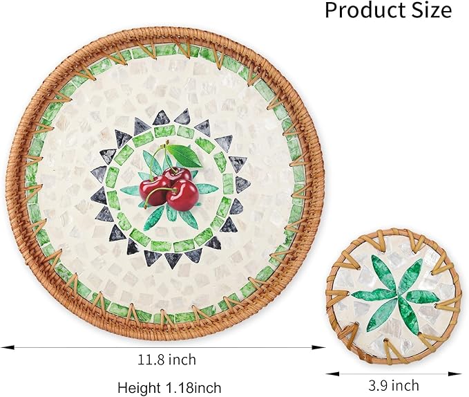 Round Rattan Serving Tray with Mother of Pearl Inlay & Coaster, Boho Wicker Basket, Decorative Coffee Table Tray for Table Decor, Storage and Display of Coffee Bread Fruit(Bohemia)