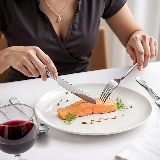 HIKAA Premium Silverware Set, Stainless Steel Flatware Set with Wide-Based Handles for Comfort & Durability, Forks & Spoons Cutlery Silverware Set (60PCS)