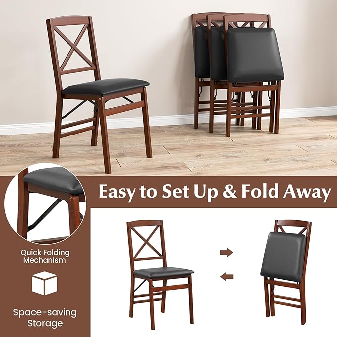 COSTWAY Folding Dining Chairs Set of 4, Upholstered Wooden Dining Room Chairs with X-Shaped Back, 400LBS Capacity and Solid Wood Frame for Kitchen Apartment (Brown & Black)
