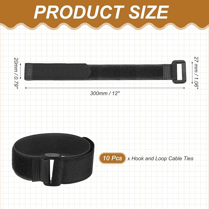 PATIKIL 12 x 0.79 Inch Reusable Cable Ties 10 Pcs Adjustable Hook and Loop Straps Cord Management Wire Wrap Cord Ties Organizer for Home Office Cables, Black