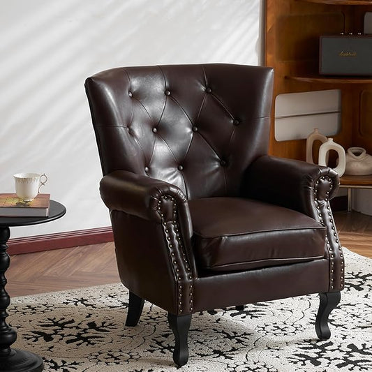Modern Faux Leather Accent Chair, Upholstered Mid-Century Armchair with Solid Wood Legs, Single Sofa Chair for Living Room, Bedroom, or Reading Room（Caramel）