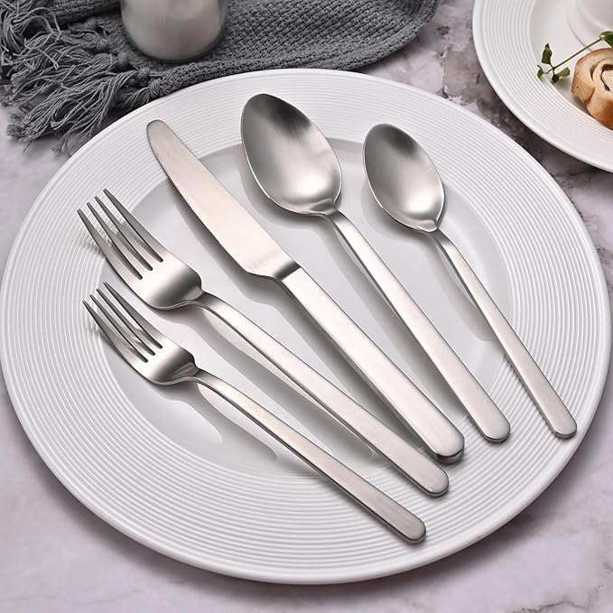 KINGSTONE Forged Silverware Set, 20 Piece Flatware Set for 4, 18/10 Stainless Steel Silverware Utensils Set, Matte Satin Finish Dishwasher Safe(Matte Silver)