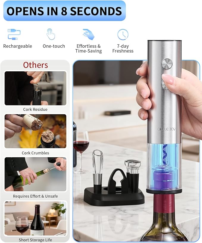 CIRCLE JOY Electric Wine Opener Stainless Steel Rechargeable Automatic Wine Bottle Opener Set 6-in-1 Top Gifts for Wine Lovers with Charging Base, Foil Cutter, Wine Aerator Pourer & 2 Vacuum Stoppers