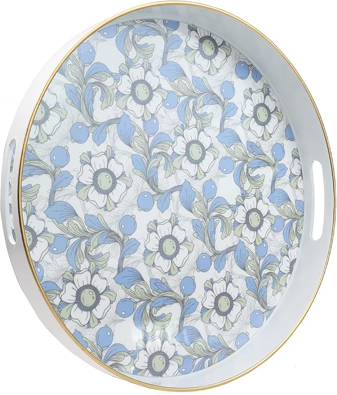 Round Serving Tray with Handles, Coffee Table Tray for Ottoman, Organizer Vanity Tray for Living Room, Outdoor Tray for Patio Entertaining, Serving Breakfast Kitchen Platter LEE33BLH