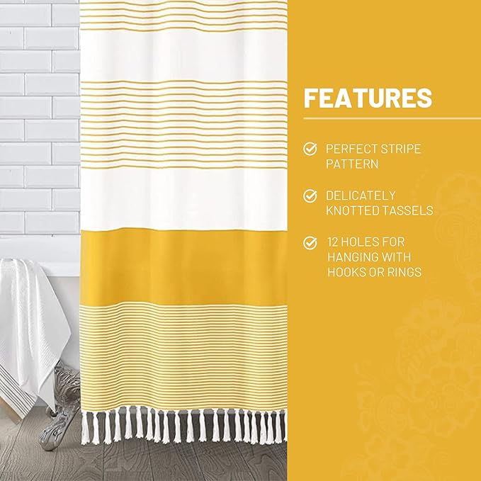 Awellife Boho Yellow Shower Curtain for Bathroom Farmhouse Cotton Stripe Tassel Shower Curtain Natural Texture 78" L x 72" W