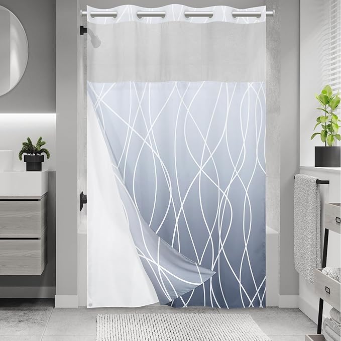 No Hook Ombre Blue Striped Stall Shower Curtain with Snap in Fabric Liner Set - Hotel Shower Curtain and Liner Set with See Through Mesh Top Window,Machine Washable, 54x80 INCH