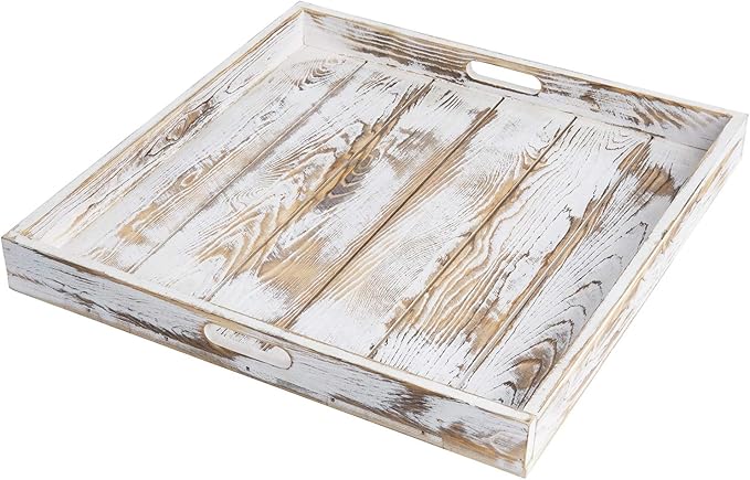 MyGift Whitewashed Wood Large Serving Tray with Handles, 19 Inch Square Decorative Tray for Ottoman, Breakfast, Tea, Coffee Table
