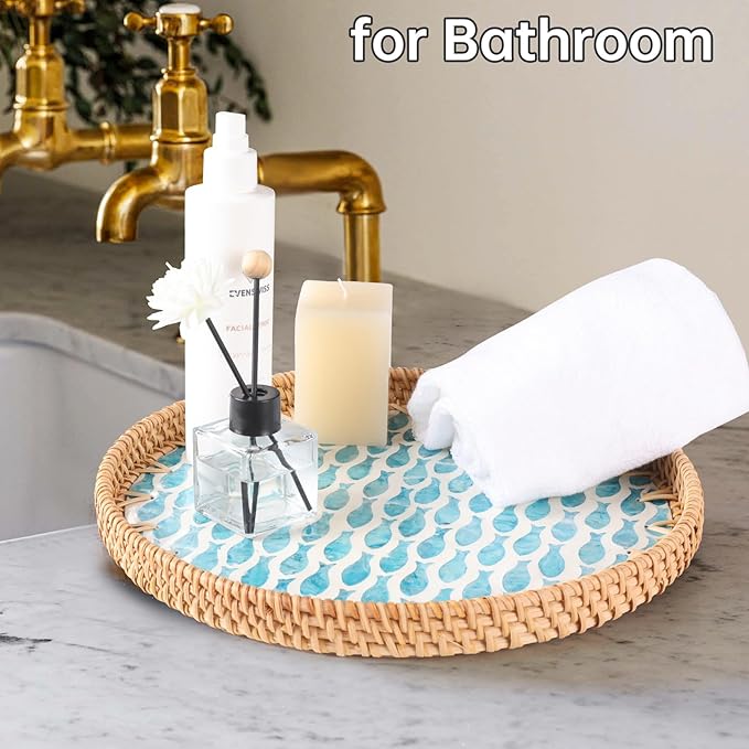 Round Rattan Tray with Mother of Pearl Inlay, Rattan Serving Tray for Coffee, Bread, Fruits, Decorative Wicker Tray for Table Decor, Home Decor, Kitchen Island Decor (Turquoise Fish, 11.8")