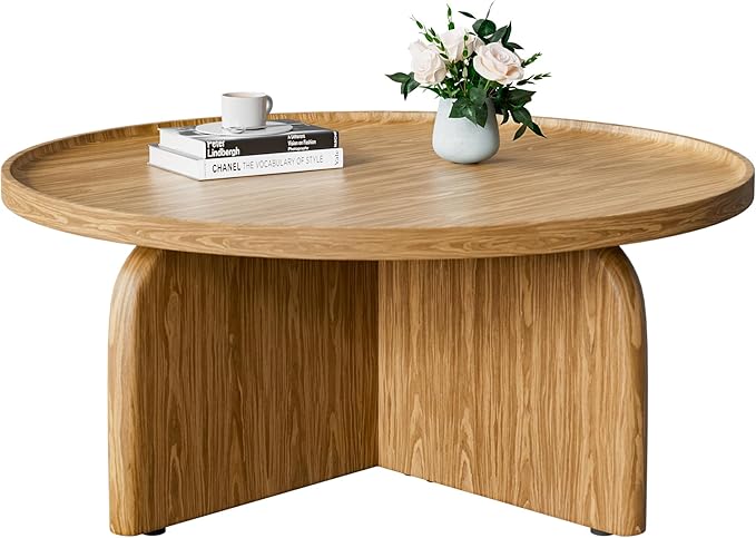Round Coffee Table with Stylish Curve, 31.5" Circle Wooden Living Room Coffee Table, Modern Farmhouse Center Accent Furniture, Child-Friendly, Easy to Assembly, Brown