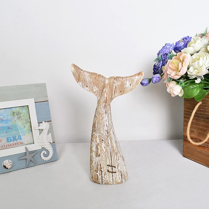 Aecipl Nautical Home Decor Wood Whale Tail Tabletop Statue Decorative Rustic Sculpture Ocean Beach Coastal Themed Figurine Whale Ornament Bathroom Shelf Decoration (8.5" H)