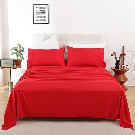Whitney Home Textile Queen Sheet Set, Soft Microfiber Hotel Bed Sheets Queen Size, Extra Deep Pocket, Luxury Breathable Bedding Sheet & Pillowcase Sets, 4 Piece Wrinkle Free Oeko-Tex, Red