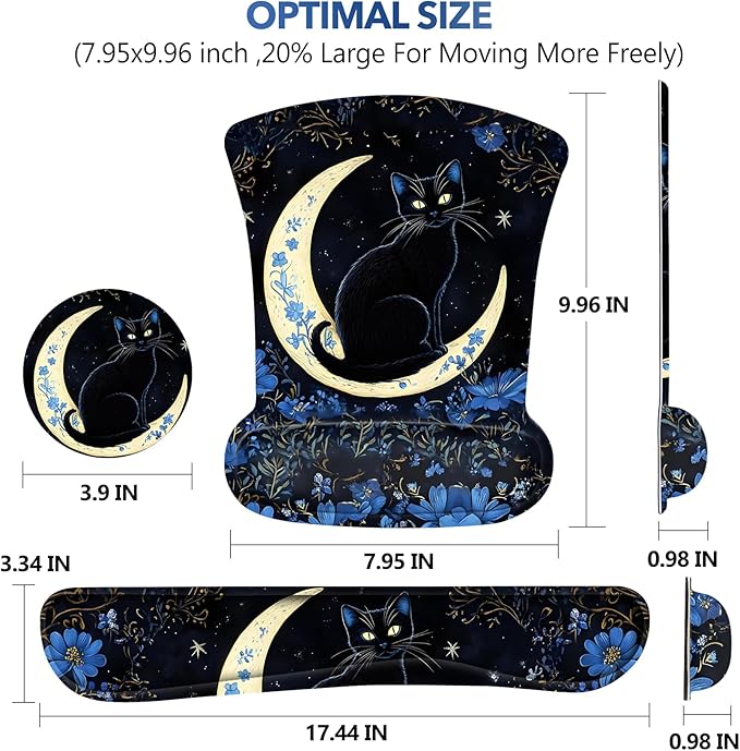 AIMSA Mouse Pad with Wrist Rest Set, Black Cat Wrist Support Mouse Pad Set, Ergonomic Mousepad with Anti-Slip Base, Memory Foam Keyboard Wrist Rest Cushion Pad