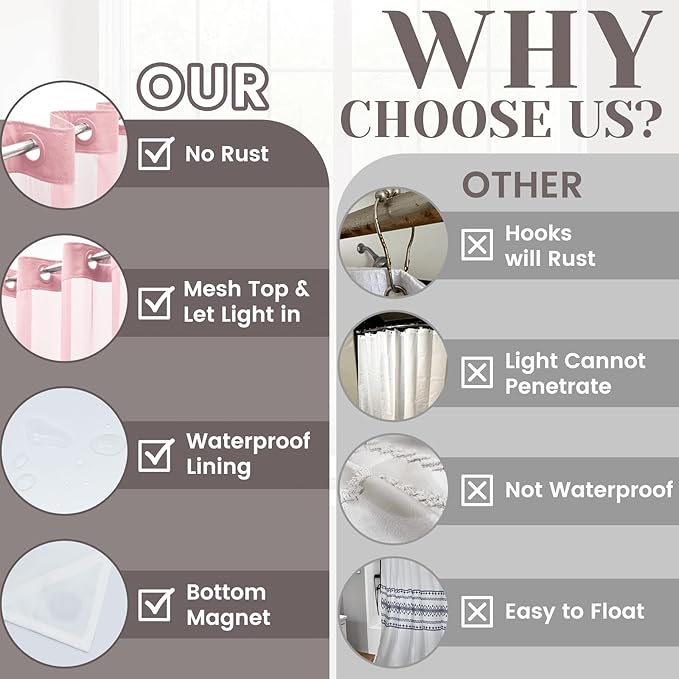 No Hook Slub Textured Shower Curtain with Snap in Liner - Pink Fabric Outer Curtain & Waterproof Inner Liner, Hotel Style with See Through Top Window, 71x74 in