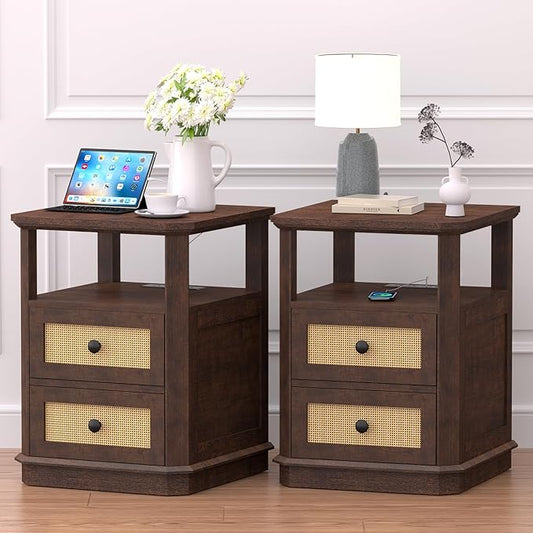 End Table Set of 2 with Charging Station, 24” Tall Sofa Side Table with Rattan Drawer, Anti-Collision Angle Wooden Night Stand for Living Room, Bedroom, Office,Cherry