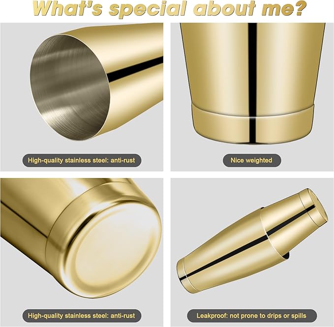 Lallisa 10 Pieces Cocktail Shakers Professional Bar Boston Shaker Set Stainless Steel Martini Shaker Drink Mixer Basic Tools Weighted Shake Metal Can for Bartenders, 18 Oz, 28 oz(Gold)