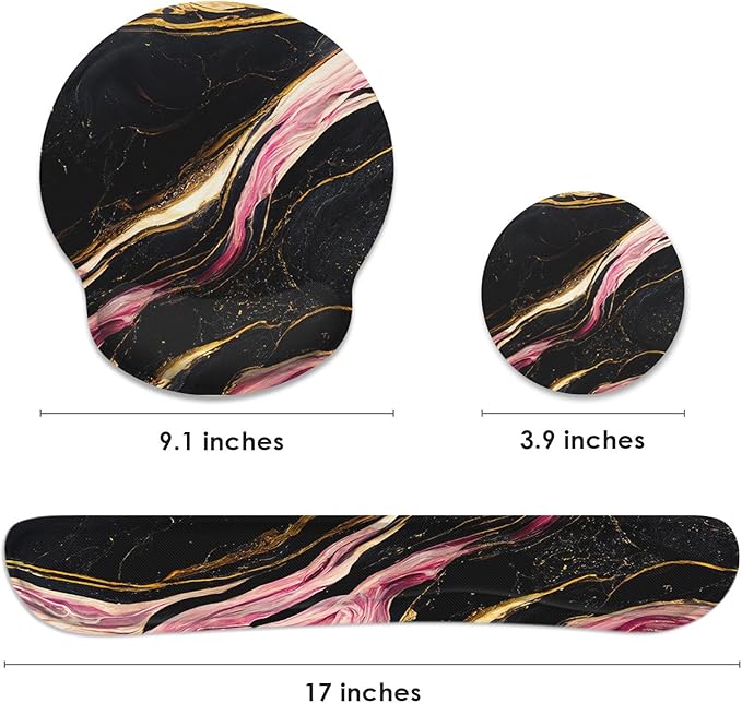 Britimes Black Pink Gold Marble Ergonomic Mouse Pad Set with Wrist Rest Non-Slip Rubber Base Wrist Cushion Support and Coasters Mousepad with Wrist Support for Computer Keyboard and Desk