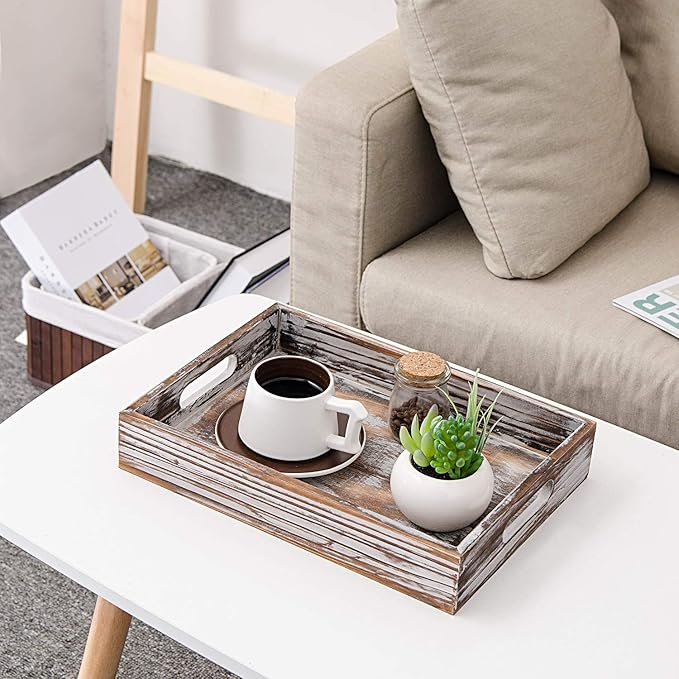 Rustic Whitewashed Wood Food Serving Tray Cutout Carrying Handles Breakfast in Bed Coffee Platter Table Wine Brown Rectangular Nesting Crate Desktop Document Holder Office Home Kitchen