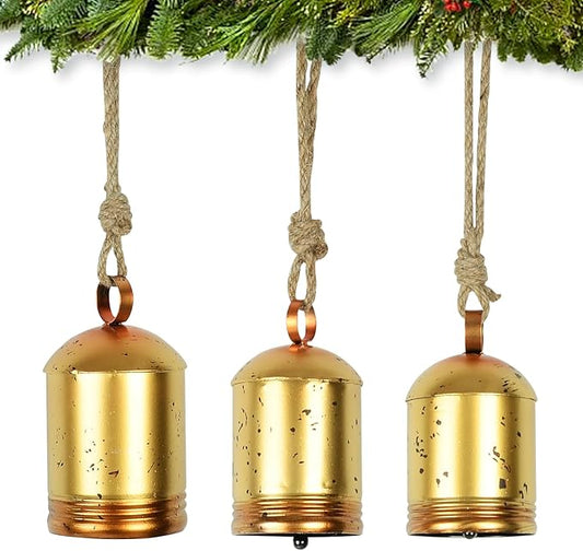 Styleonme Decorative Bells, Christmas Bells, Metal Indoor and Outdoor Blessing Bells, 3-Piece Set of Harmonious Bells, Vintage Handmade and Rustic Lucky Christmas Bells Hanging on a Rope