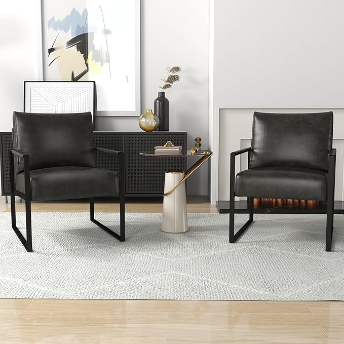 INZOY Accent Arm Chair with Metal Frame Set of 4, Comfy Living Room Chair with Plump Backrest and Cushion, Mid Century Modern Chair with Sturdy Structure, Easy to Clean, Dark Grey