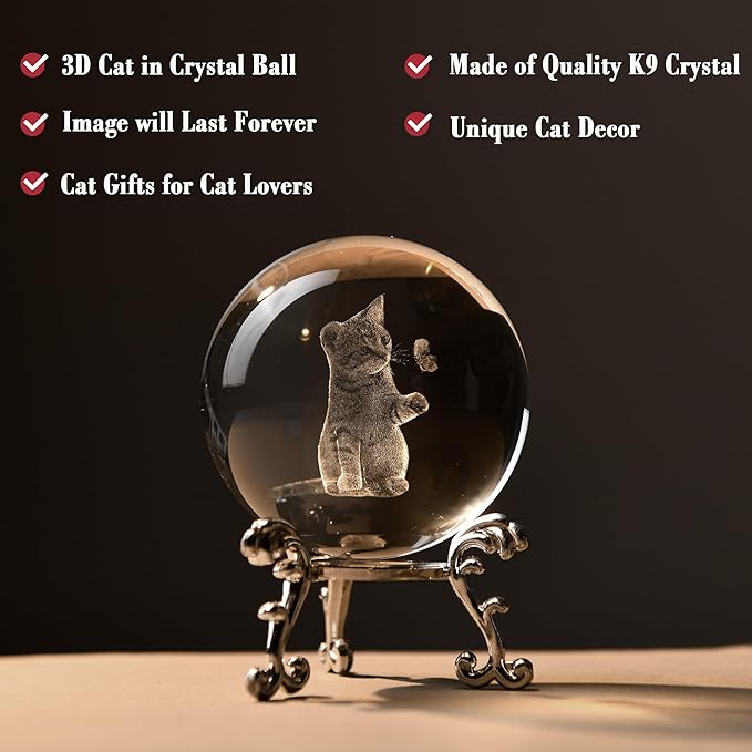 IFOLAINA 3D Cat Themed Gifts for Women 3D Crystal Ball Cat Related Sympathy Figurines Presents Kitty Decorative Globe Decor with Stand