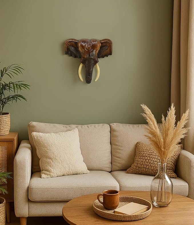 AeraVida Powerful Thai Elephant Head Trophy Mount Sculpture Hand Carved Wood Wall Art | Large Elephant Head Statue for Home Decor