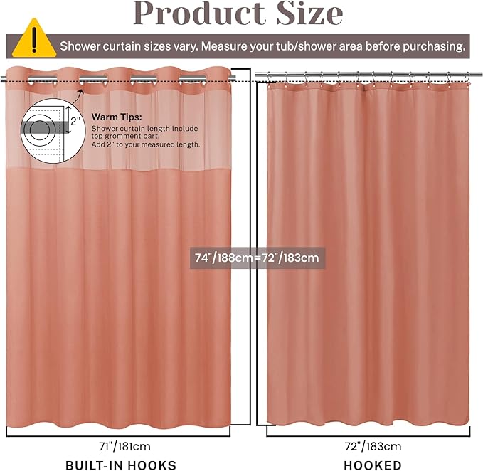 No Hook Slub Textured Shower Curtain with Snap in Liner - Coral Fabric Outer Curtain & Waterproof Inner Liner, Hotel Style with See Through Top Window, 71x74 in