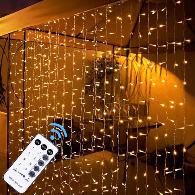 WATERGLIDE 300 LED Curtain Lights, Remote Control Christmas Decorative Hanging String Lights, 8 Lighting Modes, Plug in for Indoor Outdoor Holiday Party Garden Backdrop Wedding Home Decor, Warm White