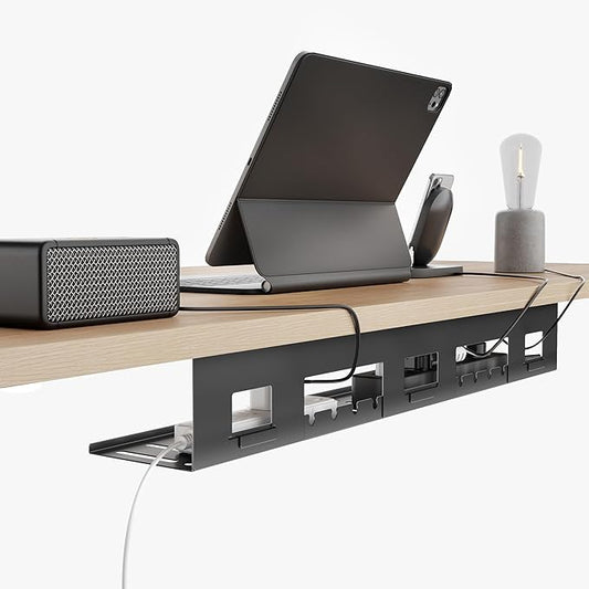 Under Desk Cable Management Tray, 31.5 Inches Metal Cord Organizer Rack, Desk Tray for Power Strip, Cord, Wire, Easy Mounting Cable Management Under Table for Home Office, Black