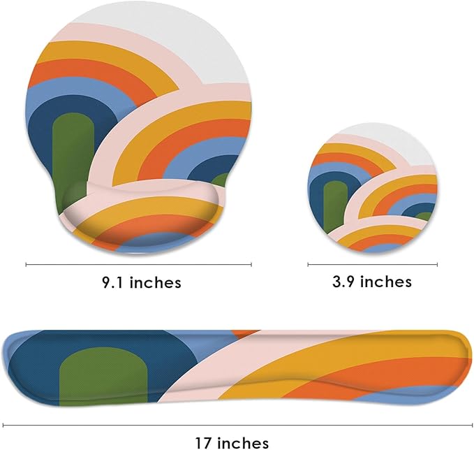 Britimes Ergonomic Mouse Pad Set with Wrist Rest Abstract Rainbow Non-Slip Rubber Base Wrist Cushion Support and Coasters Mousepad with Wrist Support for Computer Keyboard and Desk