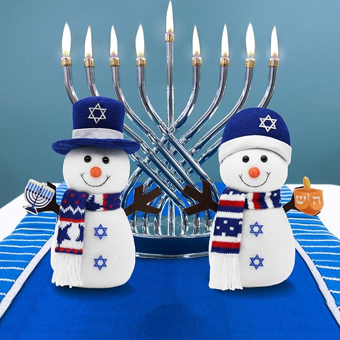 Hanukkah Decorations for Home Indoor, 2Pcs Snowman Plush Figurines with Menorah and Star of David, Jewish Gnomes Holiday Decor Chanukah Ornaments Shelf Table Display Gift Idea