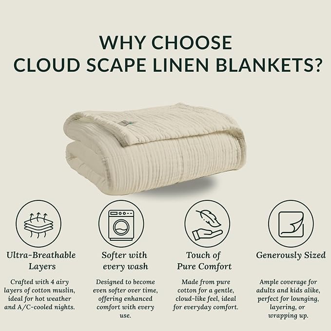 Cloud Scape Linen Extra Large 4 Layer Muslin Throw Blanket - 100% Cotton Gauze, Lightweight & Breathable All Season, Pre-Washed, for Couch & Bed, 50x70, Beige Fog