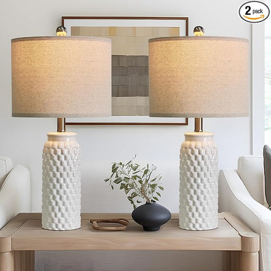 24" Modern Ceramic White Bedside Lamp Set of 2 Table Lamp for Bedroom Decor Farmhouse Table Lamp for Living Room Office Dorm