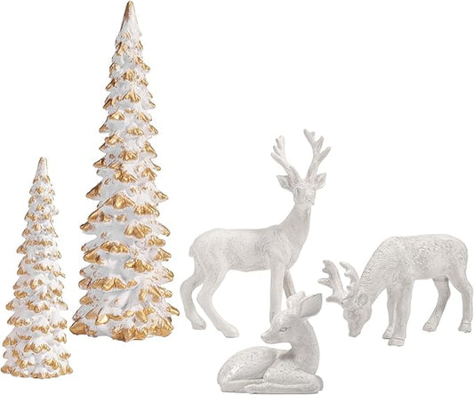DN DECONATION Reindeer and Christmas Tree Decoration Set of 5 – Xmas Deer Figurines and Tree Statues – White & Gold Resin Christmas Figurines for Table Decor, Mantle Decor, Holiday Decorations Indoor