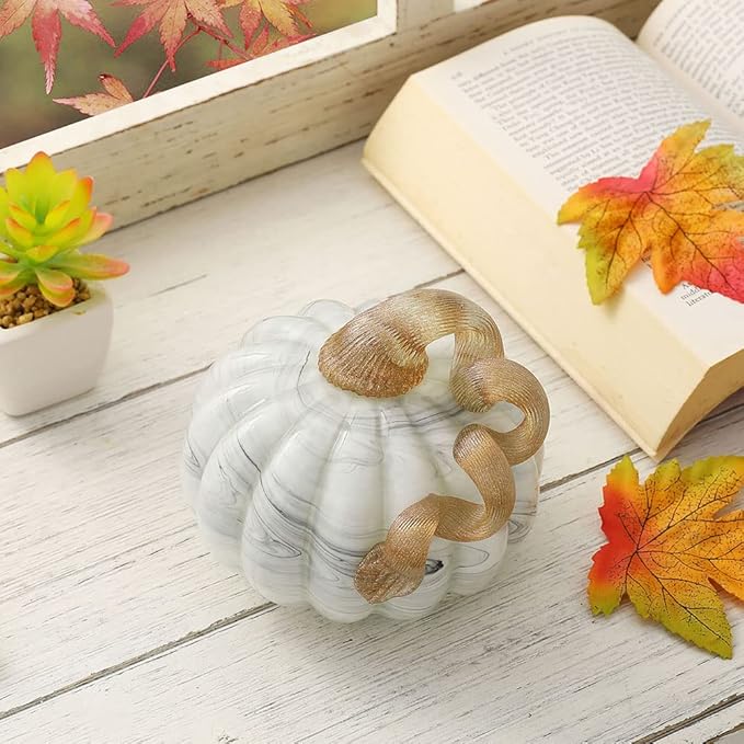 Glitzhome Hand Blown Glass Pumpkin Table Accent for Home Decor Fall Harvest for Mother Gray Marble 4.13" H