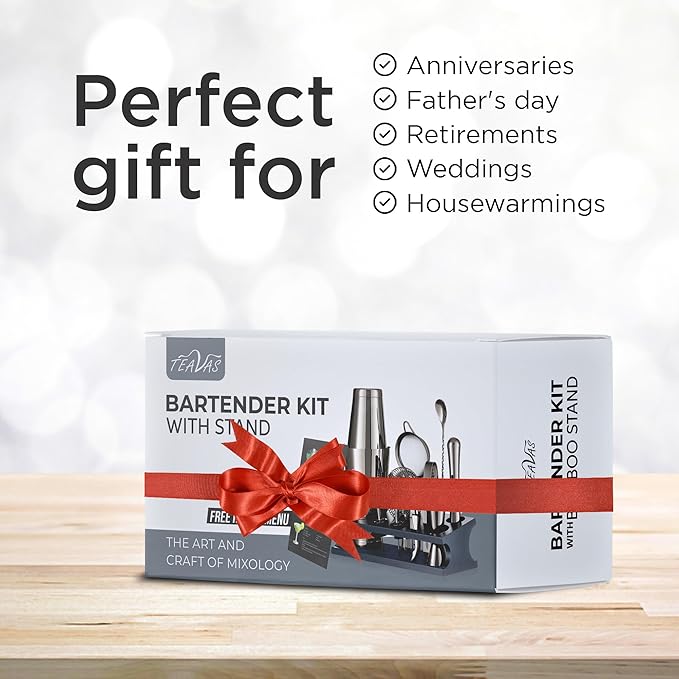 Mixology Black Bartender Kit with Japanese Jigger & Stand - 13 Piece Stainless Steel Cocktail Making Set - Boston Shaker, Strainer, Mixer Spoon, Muddler - Barware Anniversary & Birthday Gifts